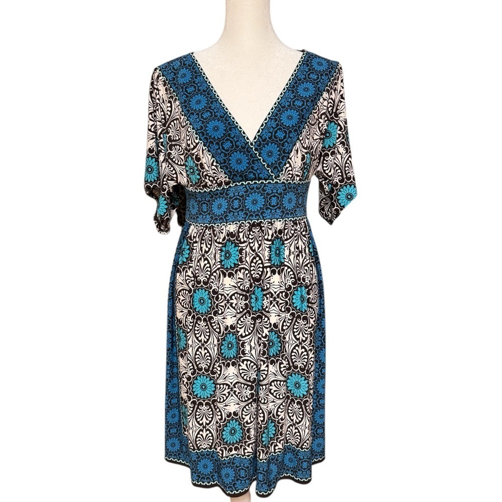 Maggie London Blue Floral Empire Waist Dress Size 6 V-Neck Pullover Midi